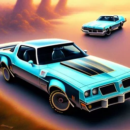 hyperrealism Drawing of '1977 Pontiac Trans Am' three quarter frontal aerial view, by gaston bussiere, greg rutkowski, yoji shinkawa, yoshitaka amano, tsutomu nihei, donato giancola, tim hildebrandt,oil on canvas, cinematic composition,Sharp detail,extreme detail,fit full head inside picture,16k