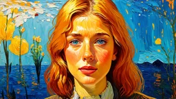 Van Gogh style. Beautiful female face looking at me, ultra realistic, stylized, highest resolution, best quality, extremely sharp focus, celtic style