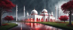 Hyper Realistic massive huge white-red mosque at a rainy night with grassy pathway & big date trees