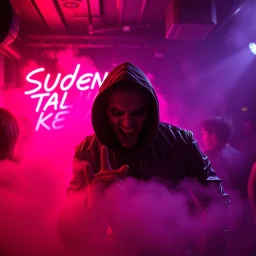 An "suden talvi ilman kebabia" performing at dance club, his name is "suden talvi ilman kebabia" and looks crazy, looks very aggressive look, Neon lights and smog, "suden talvi ilman kebabia" SIGN ON WALL
