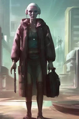 cyberpunk saggy granny woman, abandoned sci-fi town, future, sci-fi