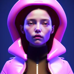 Spanish woman, rounded face, purpurin made up, red, blue, pink, cold, latex coat, leather, piercing, soft color, highly detailed, art stations, concept art, smooth, unreal engine 5, god rays, ray tracing, RTX, lumen lighting, ultra detail, volumetric lighting, 3d, finely drawn, high definition, high resolution, neon background.