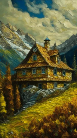 A big house in Mountainscape Pattern masterfully detailed, vibrant created with spatulated oil painting techniques, featuring thick, impasto strokes, grunge scratches, and deposit of saturated oil pigments in the style of Van Gogh.