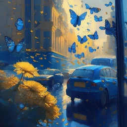 morning, window, rain, butterflies, blue, flowers in the road, city, crowd, cars, sunlight, golden