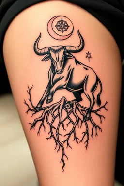 Design feminine tattoo: The centerpiece of the tattoo is a bull in a graceful, powerful pose, representing Taurus. From the bull's hooves, deep roots twist into the ground, sprawling outwards. The roots look as though they're entangled with the earth itself, symbolizing Taurus' deep connection to the planet. as a backdrop, include elements of gears A crescent moon or starry sky above the bull