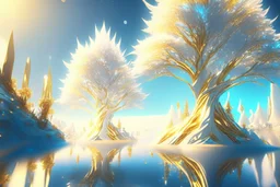 white and gold crystal cosmic and galactic ambiance sky trees river lake surreal scifi futuristic, full of details, smooth, bright sunshine，soft light atmosphere, light effect，vaporwave colorful, concept art, smooth, extremely sharp detail, finely tuned detail, ultra high definition, 8 k, unreal engine 5, ultra sharp focus