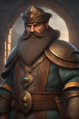 dnd character art of dwarf, long plated beard, high resolution cgi, 4k, unreal engine 6, high detail, cinematic, concept art, thematic background, well framed