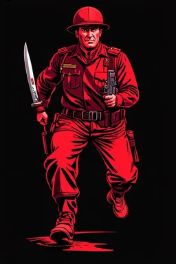 Italian soldier(uniform and face based on racist steriotypes) running towards viewer, a knife i one hand, and a gun(barrel pointing at viewer) in the other. blocky retro 1960's jack kirby style poster in monochrome with white background