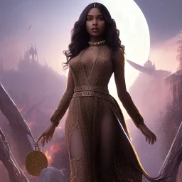 fantasy setting, insanely detailed, dark-skinned woman, indian, black wavy hair, warriorn, magician