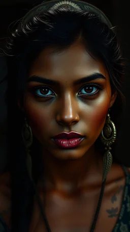 Dark naughty humid Night. Hyper realistic . A unrealistic very Beautiful Indian girl. , Detailed skin. Detailed lips. Bright Shining detailed eyes. . High detail. Photorealistic. 8k. Visually stunning. Detailed clothing. Only one Light source. Symmetrical. Tattoos. No makeup.