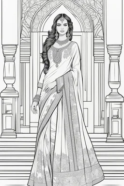 coloring page for adults of fashion model wearing hindi dress, thick and clear lines hair, full body portrait, style clean coloring page for adults, cartoon style, clean line art high detailed, white background, coloring book style, 8k, no-shading, thick lines hair, no-grayscale, lines hair