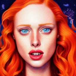 Deborah ann woll, her striking perfectly detailed clear eyes, her perfect, precisely detailed lightly freckled face, meticulously detailed long curly multi-hued ginger carrot cherry fire red hair, luminous colorful sparkles; by james r. eads, gawki, rajewel, tania rivilis, dan mumford, lisa frank, artgerm, greg rutkowski, alphonse mucha and william-adolphe bouguereau; glitter, airbrush, octane render, volumetric lighting, 16k, photorealistic digital painting, artstation, smooth, sharp focus, col