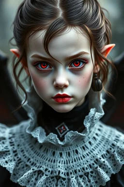 a vampire child, female, red eyes, pretty, fantasy, medieval