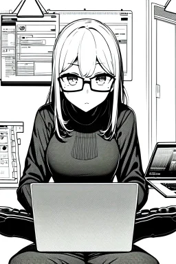 hacker girl with glasses use a laptop sitting in a cafe, line arts, greyscale