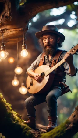 portrait of hairy rock banjo ninja sweet cucumber cowboy living inside a tree house in a hollow huge tree growing light bulbs, singing in the spotlight with smoke coming from below,bokeh like f/0.8, tilt-shift lens 8k, high detail, smooth render, down-light, unreal engine, prize winning