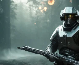 Full scale Epic Character design, strong human Male galaxy soldier wearing metal armor with glow, mist, photorealistic, octane render, unreal engine 5 style, ultra detailed, volumetric lighting, Dark Alien planet, wearing a helmet and a cape, produly holding a rifle, detailed face, detailed rifle