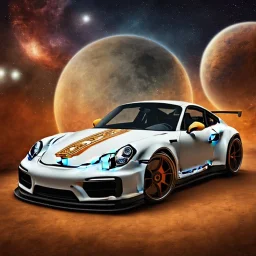 God like, extremely detailed Porsche style car (Centered on image), moving on a silk road through the galaxy, symetrical, HD, 4k, 8k, Photo realistic