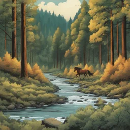 Ilustración estilo cómic de un bosque con río y caballos cálida ultra hiperdetallado