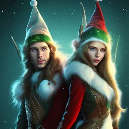 two elves. woman and man. Christmas scene. poster. marvel comic. low-key