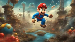 super mario running at the observer in a level detailing the creatures found on other worlds, retrofuturistic, phototrealism, Macabre Rapture End of days Revelation scene, isanely detailed matte oil painting, sinner apotheosis,diagonal composition, unbalanced, abstract surreal horror, eerie, scary warm a colorful splash of steampunk bubbles , amazing splashscreen artwork, photoshop water art, liquid painting, swirling paint colors, ink splash,