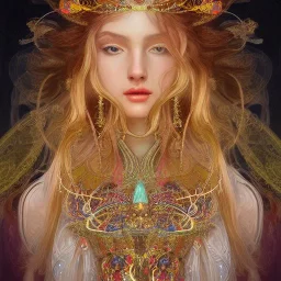 portrait,"Insanely detailed photograph of a beautiful Queen of the light Goddess,gorgeous clean face, highly intricate dress,intricately designed colorful stainedglass decorations in hair,ominous,elegant, highly detailed hair, digital painting, artstation, concept art, smooth, sharp focus, illustration, art by artgerm and greg rutkowski, alphonse mucha,Dan witz, 8 k,looking downward,album cover art,fantasy