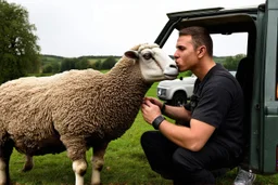 a portrait of a broken head mechanic, kissing a hybrid mixed body part sheep, fixing (far away old land rover 4x4 discovery 2) in the countryside