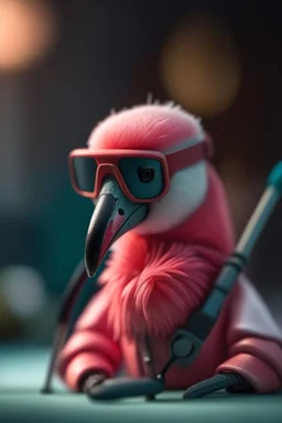 the samurai flamingo wearing googles skiing and talking on phone,shot on Hasselblad h6d-400c, zeiss prime lens, bokeh like f/0.8, tilt-shift lens 8k, high detail, smooth render, down-light, unreal engine, prize winning