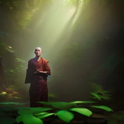 Buddhist monk in a jungle, hyper realistic, photography, rays, amazing lighting