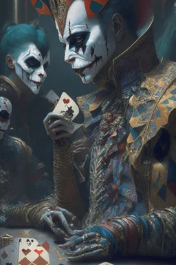 A harlequin character, playing cards with other people , sf, intricate artwork masterpiece, ominous, matte painting movie poster, golden ratio, trending on cgsociety, intricate, epic, trending on artstation, by artgerm, h. r. giger and beksinski, highly detailed, vibrant, production cinematic character render, ultra high quality model