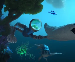 Subnautica, 3d render, Hyper realism, school of bioluminescent fish, avatar, humanoid swimmer with harpon