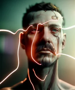 Ultra realistic photographic night portrait, cinematic, naked, shave hair <man> <hanging wires> many wires coming out of the head <perfect pupil> <cyborg> <garage> <wide angle Shot> <sci-fi futuristic> <thriller>, fog, soft color, highly detailed, unreal engine 5, ray tracing, RTX, lumen lighting, ultra detail, volumetric lighting, high definition.