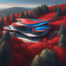 Aerial view of the hillside cabin Zaha Hadid dress, trees,digital bar, hyper-detailed, red and blue colors, 8k oil painting