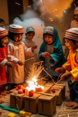 A group of five-year-old Saudi children gather and play with building blocks while ribbons of firecrackers fly around them.