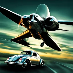 a high definition screen shot of a jet-fighter vw-beetle, retrofuturistic, phototrealism, in flight, one subject, should have wings with atleast one exposed jet on each wint or one coming throught thr front and center of the vehicle.