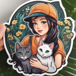 very beautiful sticker like realistic cartoon girl with cat