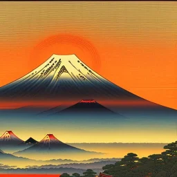 Ukiyo-e painting of a mount fuji at sunset