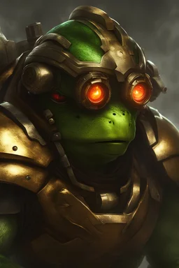 Frog Green Soldier Portrait Glow big red eye Gold Armor Silver warrior Robotic lightning Smoke fire Dust 16k details epic rare future water