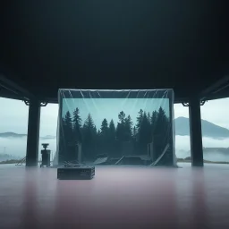 A super high definition photo of a dark open space with structures and a large computer screen. A transparent tarpaulin covers an image resembling a ruined building. There is a group of fir trees in the background and a high hill in the distance. The surface below is in a pastel color. Fog is present. Scientific terraforming ongoing