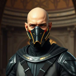 bald male corellian jedi wearing gunmetal grey and black old republic armored flightsuit and breath mask with gold and metallic red trim inside the jedi temple, centered head and shoulders portrait, hyperdetailed, dynamic lighting, hyperdetailed background, 8k resolution, volumetric lighting, light skin, fully symmetric details