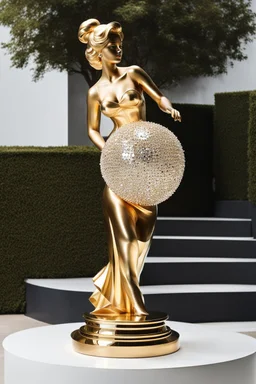 A magnificent cristal and gold heart-shaped sign adorned with a stunning berliant sphere encrusted with sparkling diamond clusters at its center, elegantly spinning in position,a golden Statue of a girl in standing pose,wearing 1960 clothing