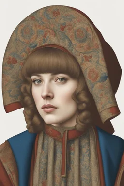 Portrait of a young woman in winter clothes in the style of jan van eyck in colors on a white background