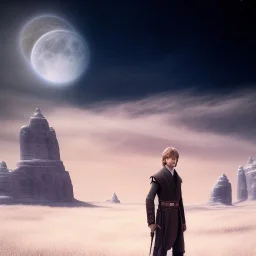 model shoot style, digital art portrait of (young Luke Skywalker) ((dressed in plain jedi tunic)), surrounded by 100 planets, ultra-detailed, ultra quality illustration, eerie atmosphere, 8k, cinematic lighting