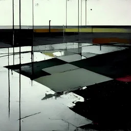 Minimal abstract oil paintings desolate 1960s carpark concrete fragments in a rain storm. style of Justin Mortimer and Francis Bacon. road markings.