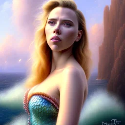 A beautiful portrait of Scarlett Johansson as a mermaid , leaning on a ships deck ,Rough sea in the background, (digitall art by Eugene de Blaas and Ross Tran, vibrant color scheme, highly detailed, in the style of romanticism, cinematic, artstation best quality, realistic lighting, masterpiece portrait, details light dusting , cowboy shot from above, simple chain hauberk Vector art digital illustration 3D shading )