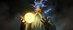 fearfull dwarven priest with electrically charged hair, expert holding up a floating radiant Painite crystal rosette ball shooting radiant light through the fog, folded hands