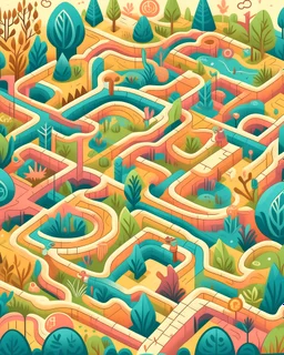 Colorful illustration of a large maze with various twists and turns, complete with fun elements like animals, trees, and buildings at certain checkpoints.
