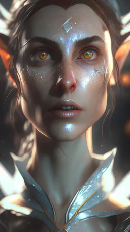 elf woman, pointed ears, freekles, brown hairs in bob, white lock, a masterpiece, dynamic lighting, hyperdetailed, splash screen art, trending on Artstation, deep color, Unreal Engine, volumetric lighting