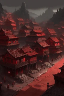 A dark red Day of the Dead themed town painted by Zhang Lu