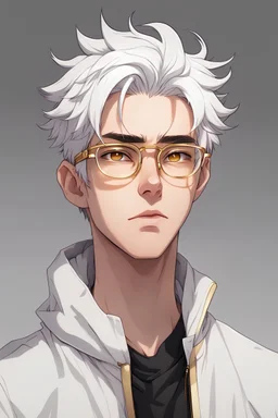 Anime Style, Young Adult Male/ Short, White Hair/ White Colored Eyebrows/ Golden Colored Eyes/ Wearing Glasses/
