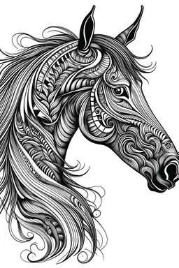 realistic horse head tattoo idea, line art, background, vector, svg, black outline on white background, leave plenty of white space beetween lines for coloring, tattoo style, tattoo idea,full body, minimalist